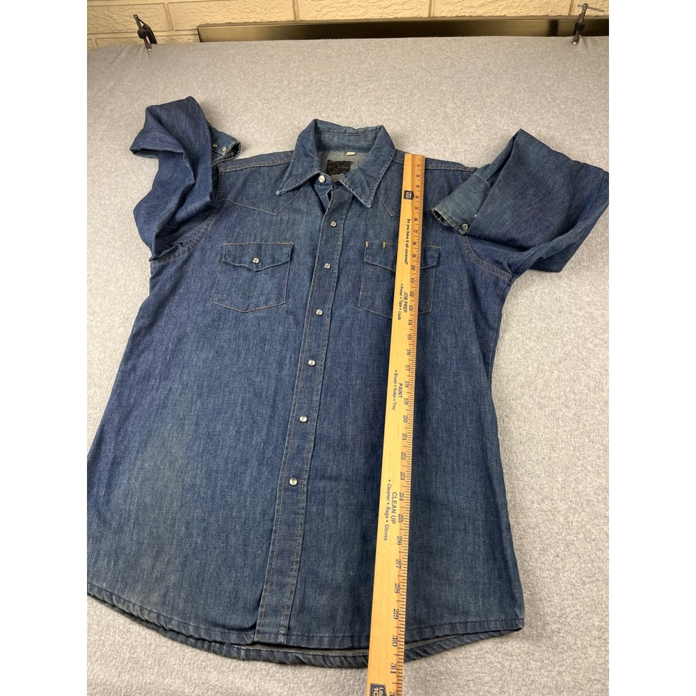 Vintage 70s Sears Roebucks Western Denim Shirt Mens Large 16 Blue Pearl Snap - Picture 6 of 8